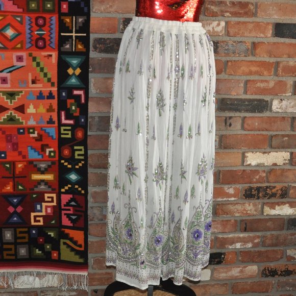 Boho Hippie Maxi Crinkle Broomstick, Multi-color Floral. White Silver Sequin O/S - Picture 5 of 5